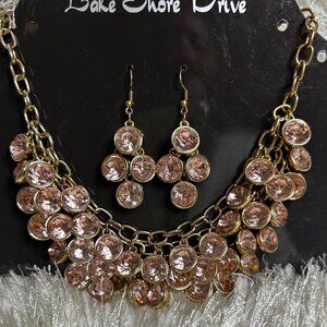 Fashion Necklace and Earring Set (Gold Tone & Pink) New